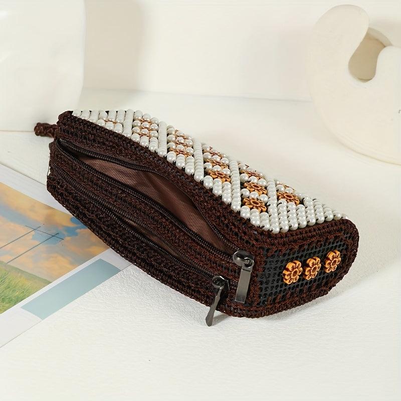 Colorful Bead Straw Decor Long Wallet Zipper Around Coin Purse