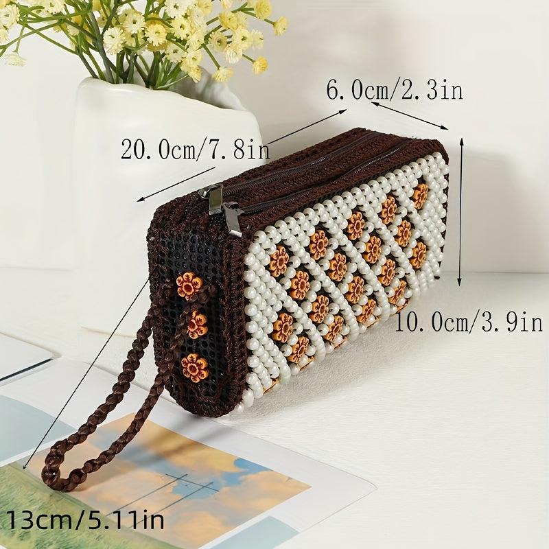 Colorful Bead Straw Decor Long Wallet Zipper Around Coin Purse