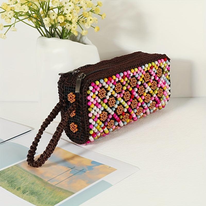 Colorful Bead Straw Decor Long Wallet Zipper Around Coin Purse