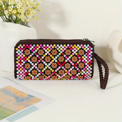 Colorful Bead Straw Decor Long Wallet Zipper Around Coin Purse