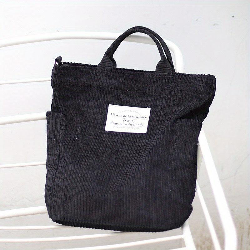 Retro Corduroy Tote Bag with Letter Patch Decor