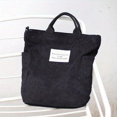 Retro Corduroy Tote Bag with Letter Patch Decor