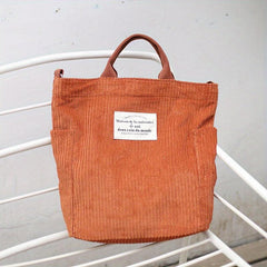 Retro Corduroy Tote Bag with Letter Patch Decor