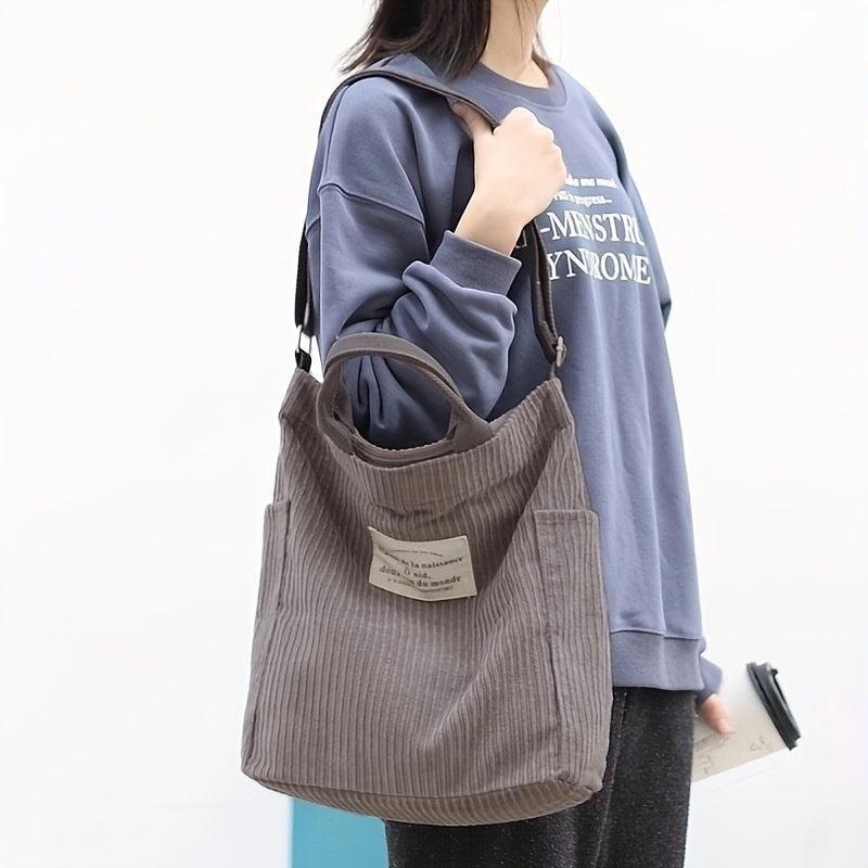 Retro Corduroy Tote Bag with Letter Patch Decor