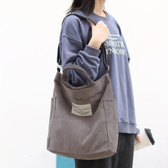 Retro Corduroy Tote Bag with Letter Patch Decor
