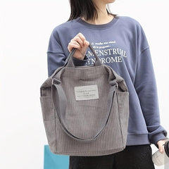 Retro Corduroy Tote Bag with Letter Patch Decor