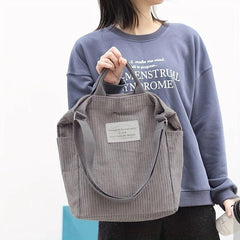 Retro Corduroy Tote Bag with Letter Patch Decor