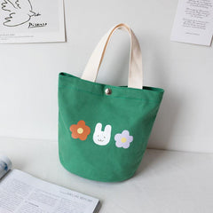 Flower Pattern Canvas Bucket Bag Hand Lunch Bag