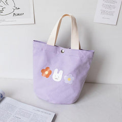 Flower Pattern Canvas Bucket Bag Hand Lunch Bag