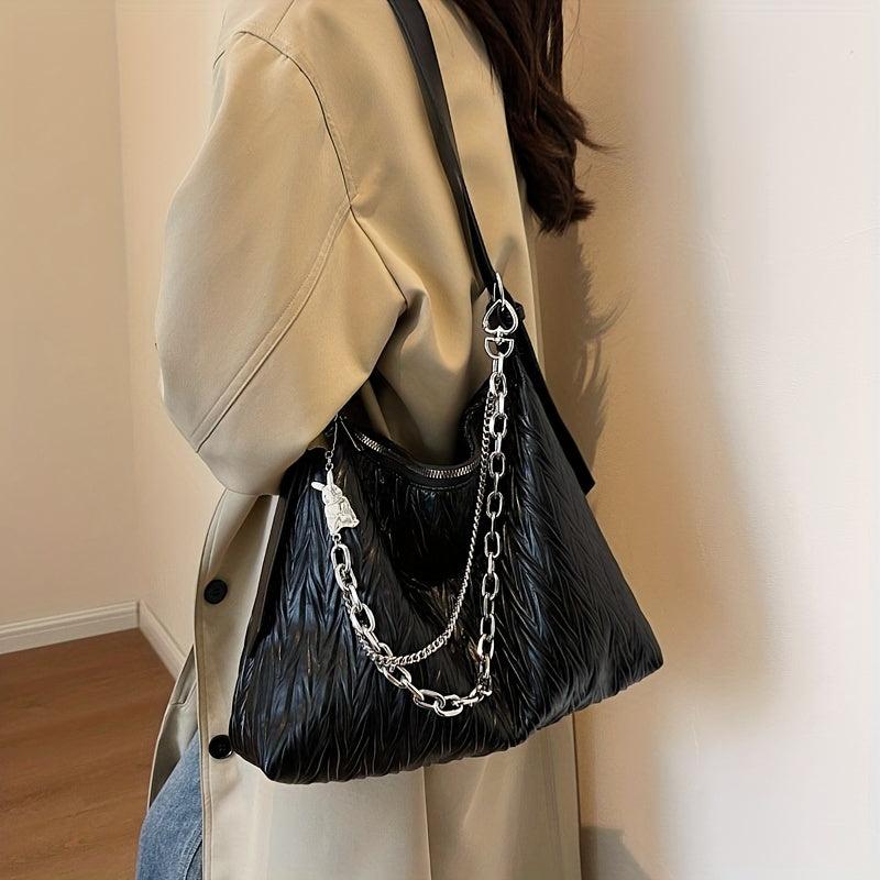 Ruched Hobo Bag Solid Shoulder Bag With Chain Strap