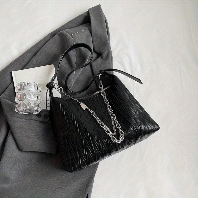 Ruched Hobo Bag Solid Shoulder Bag With Chain Strap