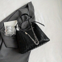 Ruched Hobo Bag Solid Shoulder Bag With Chain Strap