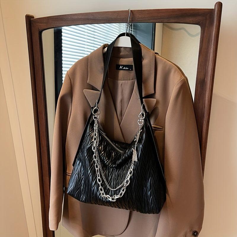 Ruched Hobo Bag Solid Shoulder Bag With Chain Strap