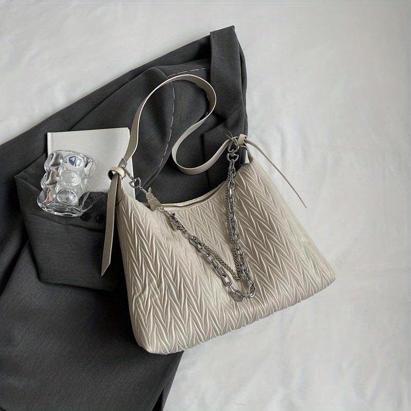 Ruched Hobo Bag Solid Shoulder Bag With Chain Strap