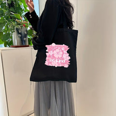 Pink Be Kind Letters Tote Bag Large Capacity Canvas Shoulder Bag