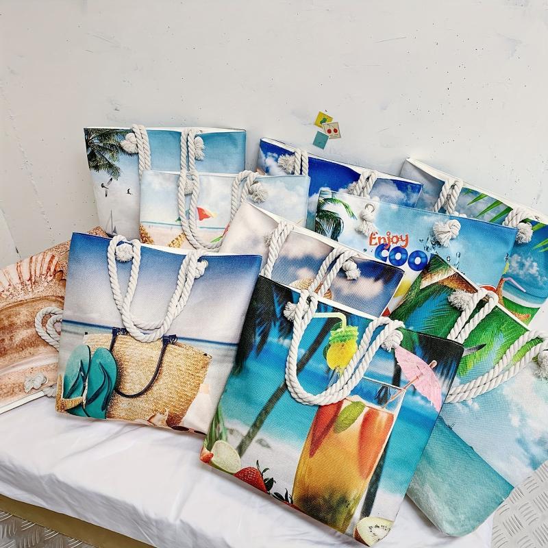 Seaside Graphic Pattern Shoulder Bag Canvas Beach Bag