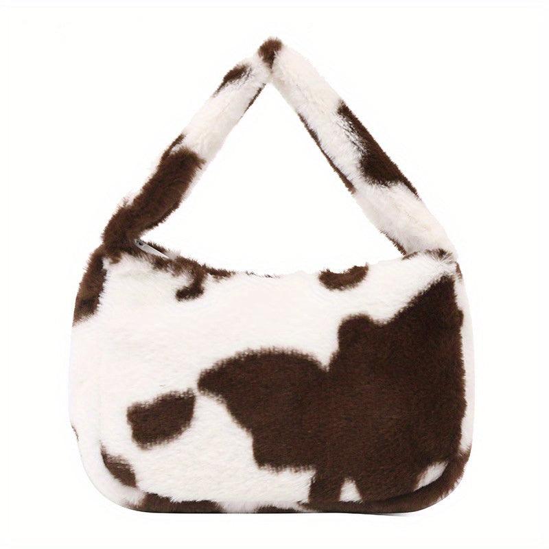 Plush Cow Pattern Handbag Women's Shoulder Bag