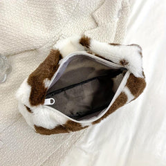 Plush Cow Pattern Handbag Women's Shoulder Bag