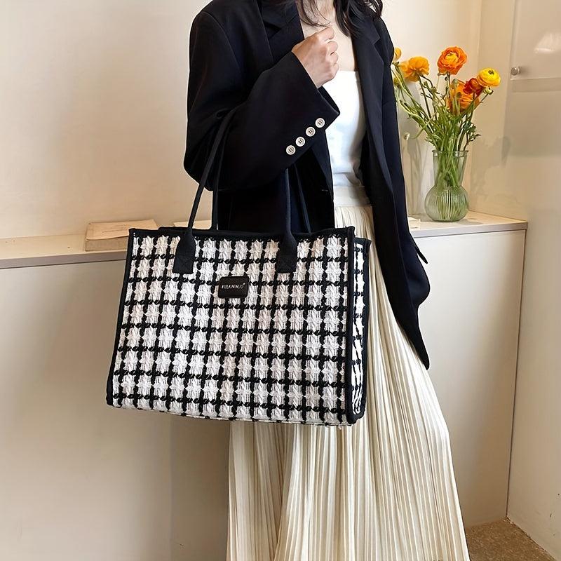 Classic Style Tweed Tote Bag Colorblock Satchel Purse
