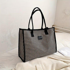 Classic Style Tweed Tote Bag Colorblock Satchel Purse