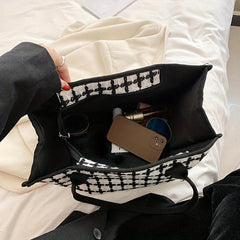 Classic Style Tweed Tote Bag Colorblock Satchel Purse