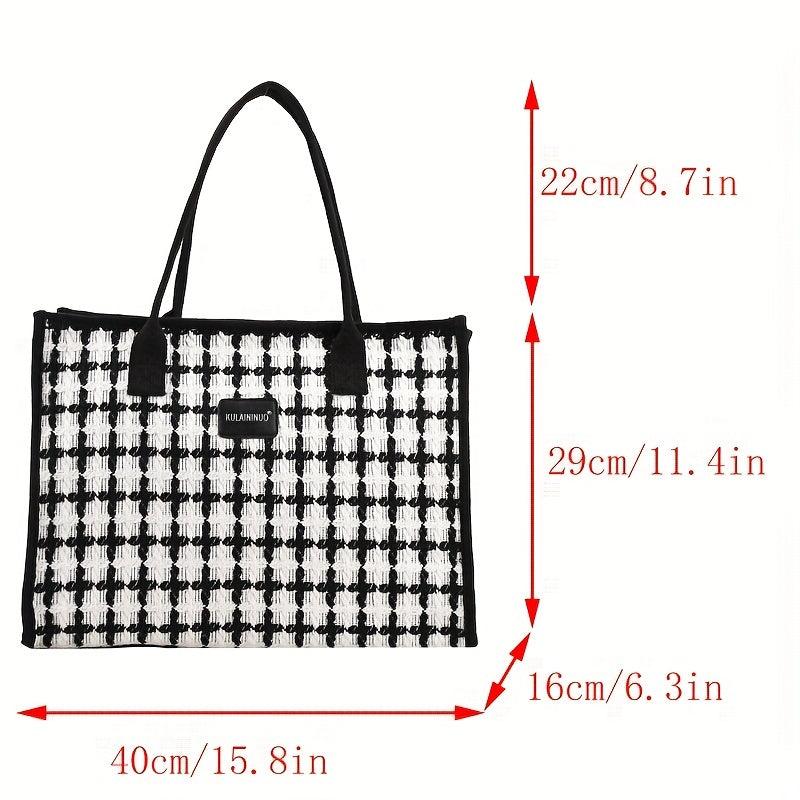 Classic Style Tweed Tote Bag Colorblock Satchel Purse
