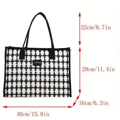Classic Style Tweed Tote Bag Colorblock Satchel Purse