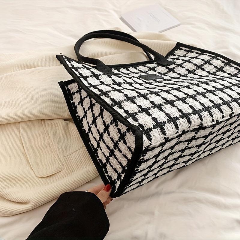Classic Style Tweed Tote Bag Colorblock Satchel Purse