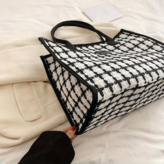 Classic Style Tweed Tote Bag Colorblock Satchel Purse