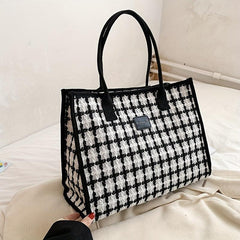 Classic Style Tweed Tote Bag Colorblock Satchel Purse