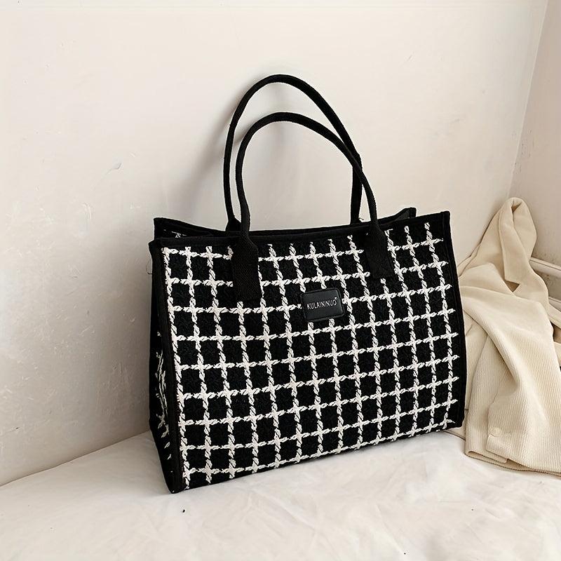 Classic Style Tweed Tote Bag Colorblock Satchel Purse