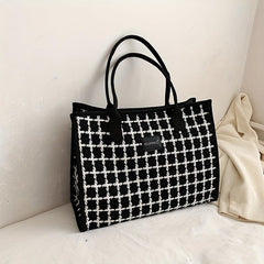 Classic Style Tweed Tote Bag Colorblock Satchel Purse