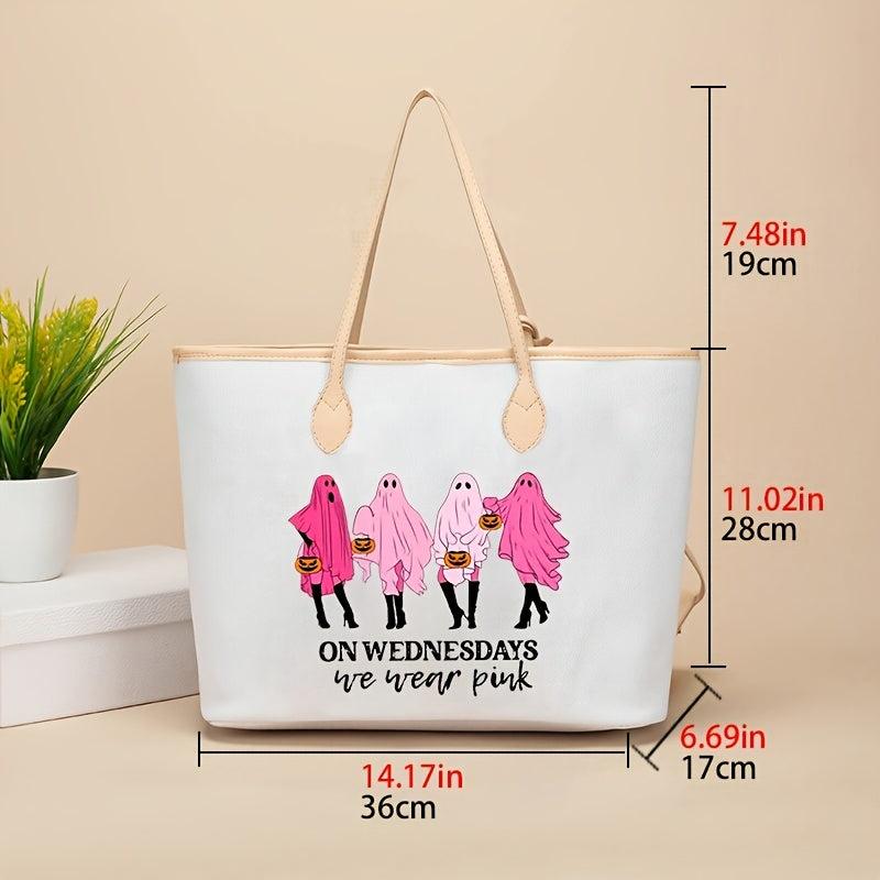 Cartoon Ghost & Pumpkin Pattern Tote Bag Halloween Shoulder Bag