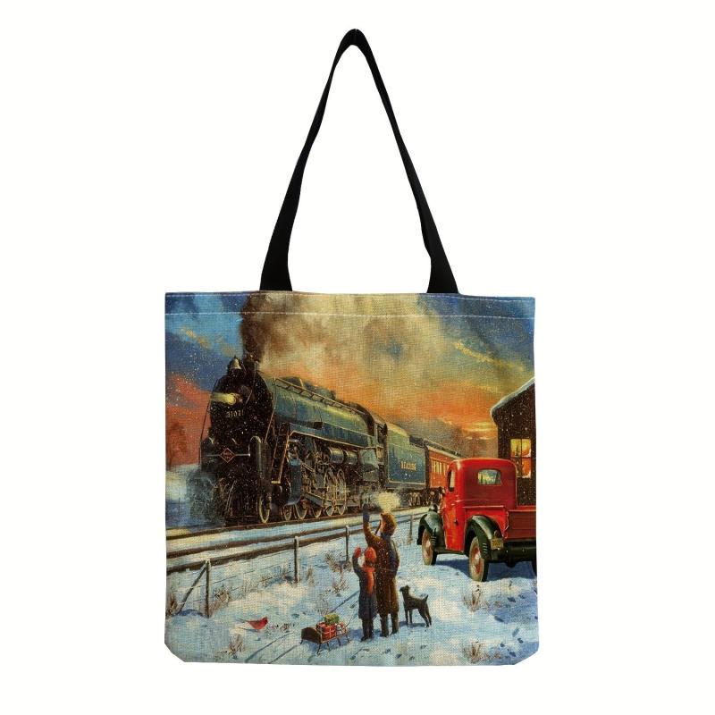Christmas Gift Tote Bag Santa Printed Shoulder Bag Large Capacity Shopping Bag