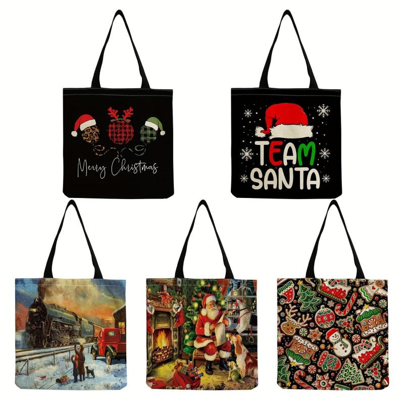 Christmas Gift Tote Bag Santa Printed Shoulder Bag Large Capacity Shopping Bag