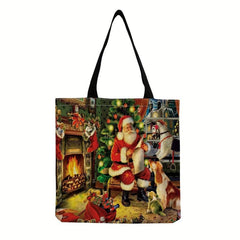 Christmas Gift Tote Bag Santa Printed Shoulder Bag Large Capacity Shopping Bag