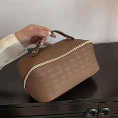 Checkerboard Cosmetic Bag Faux Leather Handheld Makeup Bag