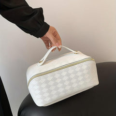 Checkerboard Cosmetic Bag Faux Leather Handheld Makeup Bag