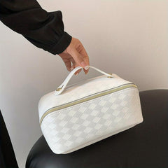 Checkerboard Cosmetic Bag Faux Leather Handheld Makeup Bag