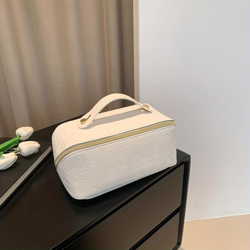 Checkerboard Cosmetic Bag Faux Leather Handheld Makeup Bag
