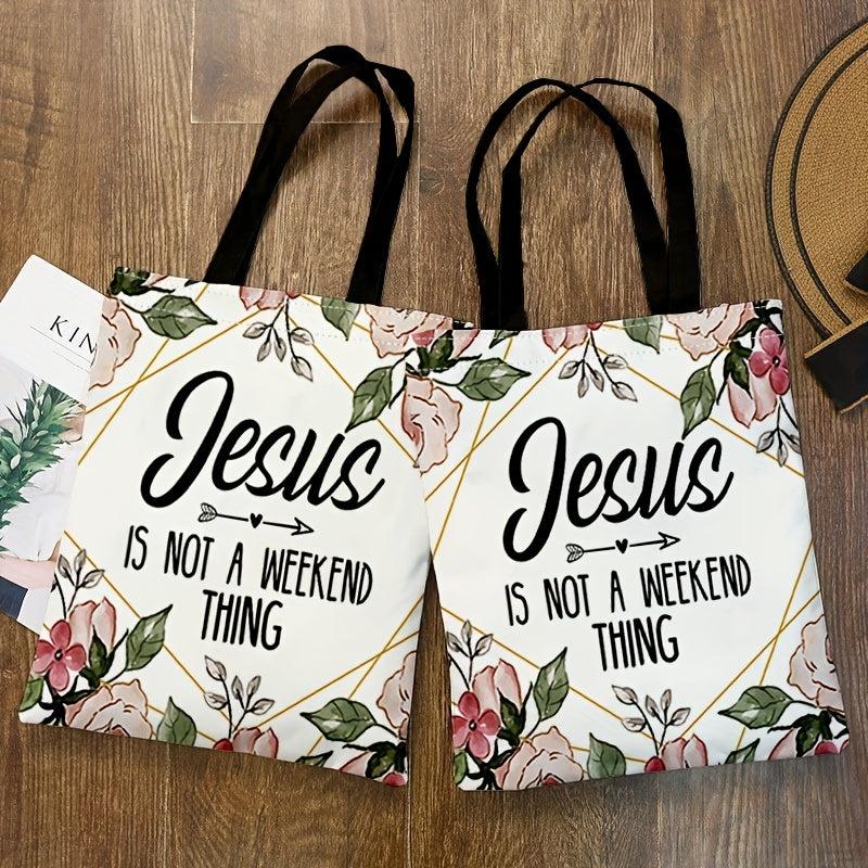 Flower & Letter Print Canvas Bag Lightweight Shoulder Bag Reusable Shopper Bag