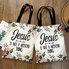 Flower & Letter Print Canvas Bag Lightweight Shoulder Bag Reusable Shopper Bag