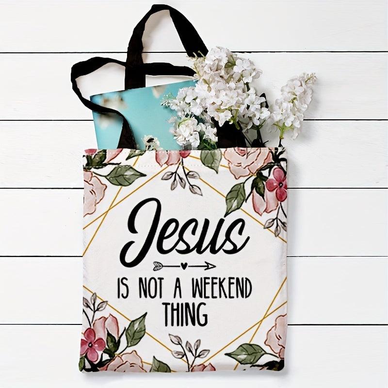 Flower & Letter Print Canvas Bag Lightweight Shoulder Bag Reusable Shopper Bag