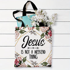 Flower & Letter Print Canvas Bag Lightweight Shoulder Bag Reusable Shopper Bag