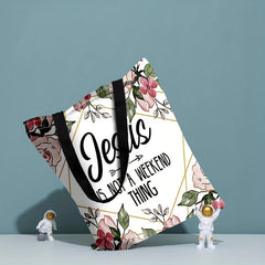 Flower & Letter Print Canvas Bag Lightweight Shoulder Bag Reusable Shopper Bag