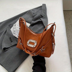 Stylish Rhinestone Decor Shoulder Bag Solid Crossbody Bag