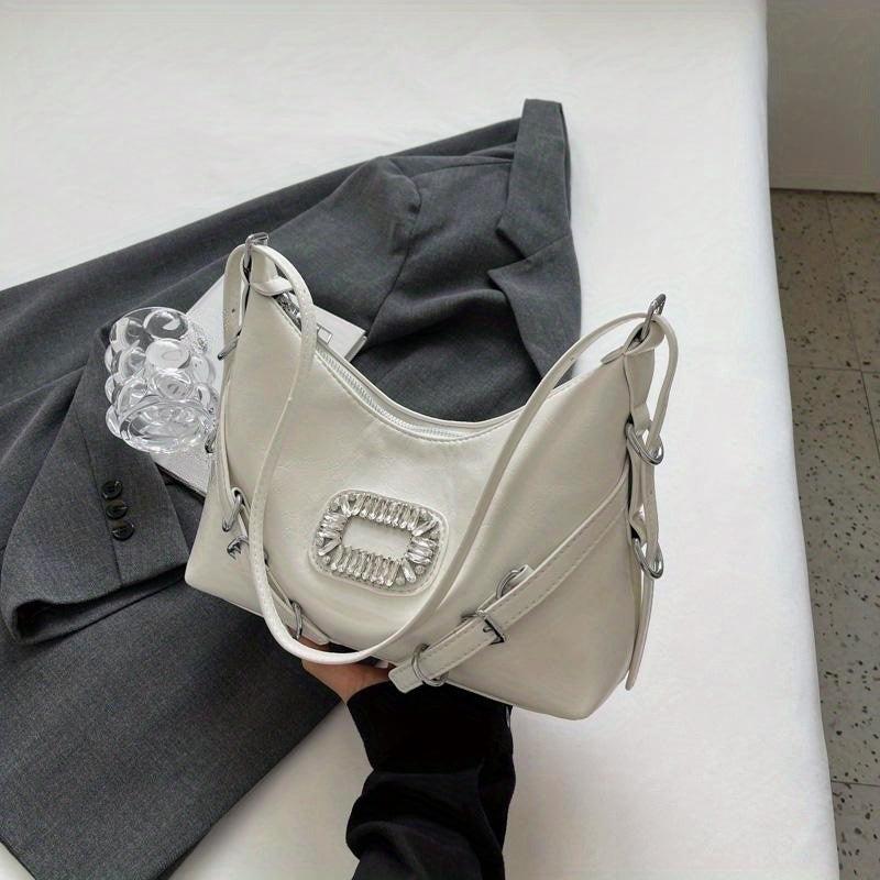 Stylish Rhinestone Decor Shoulder Bag Solid Crossbody Bag