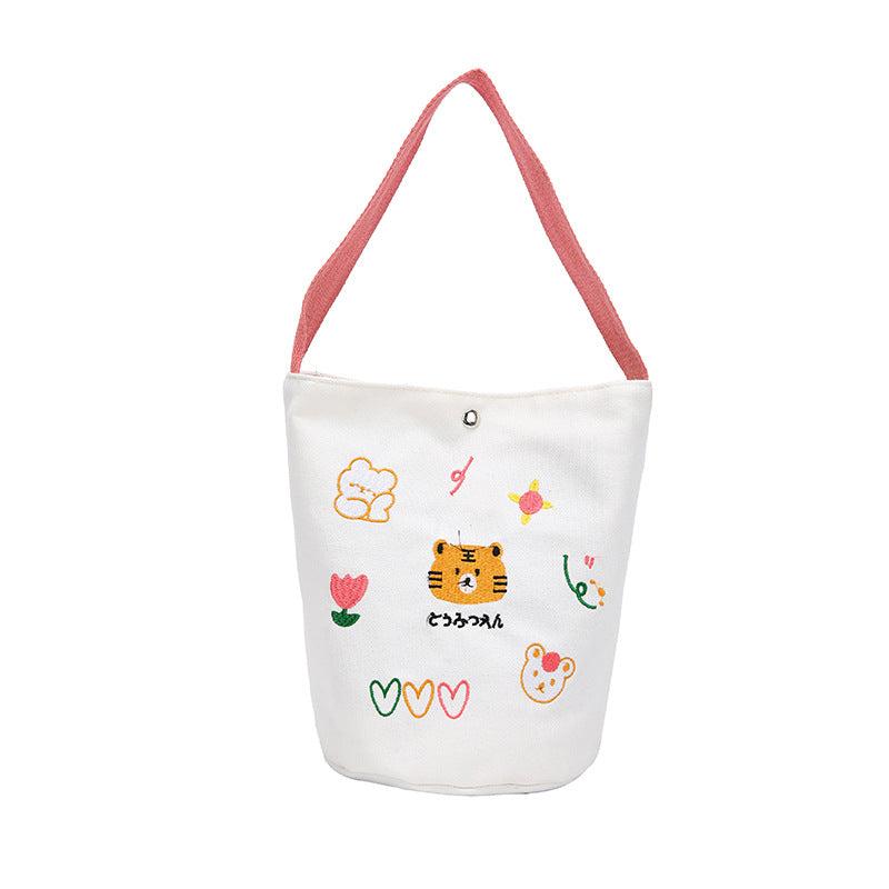 Cartoon Animal Embroidery Canvas Bucket Bag