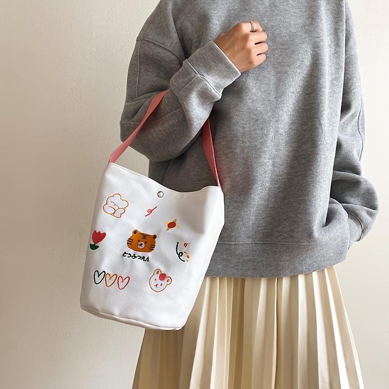 Cartoon Animal Embroidery Canvas Bucket Bag