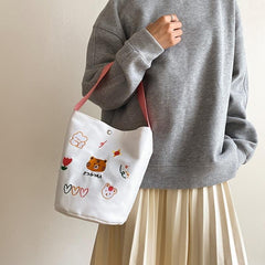 Cartoon Animal Embroidery Canvas Bucket Bag